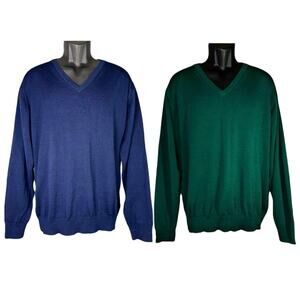 Lot of 2 Fields Classics Mens Large 100% Soft Wool Green Navy Sweater Washable